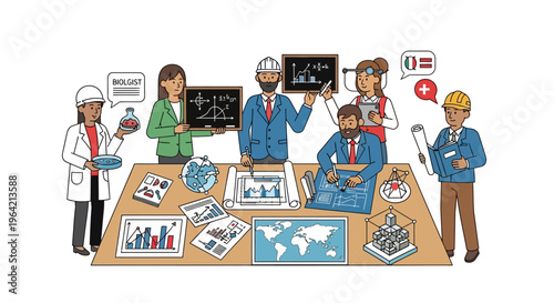 Diverse team of professionals collaborating on a project with graphs and maps