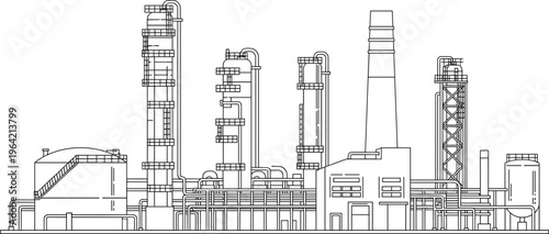 Industrial refinery line art illustration, oil gas processing plant vector, petrochemical factory infrastructure, energy production facility drawing, detailed pipeline system outline