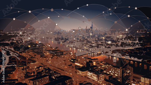 A nighttime cityscape overlaid with a network of glowing connected nodes