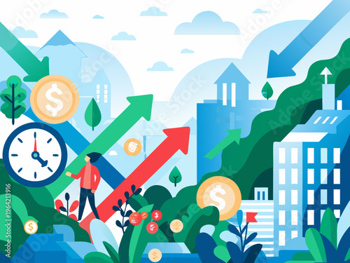 Financial growth and success illustrated with upward trends and city skyline