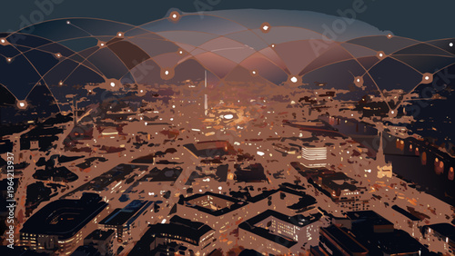 Abstract cityscape illustration with glowing network connections overhead