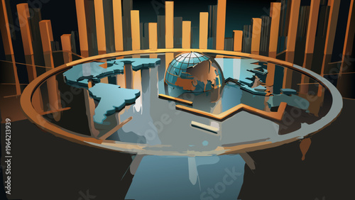 A stylized globe rests within a circular map design with rising structures