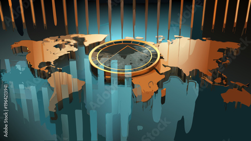 A stylized world map with a clock representing global time and connectivity