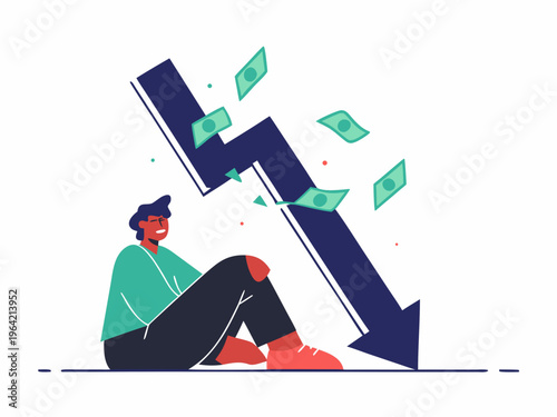 A man sits dejected as a financial graph sharply declines downwards