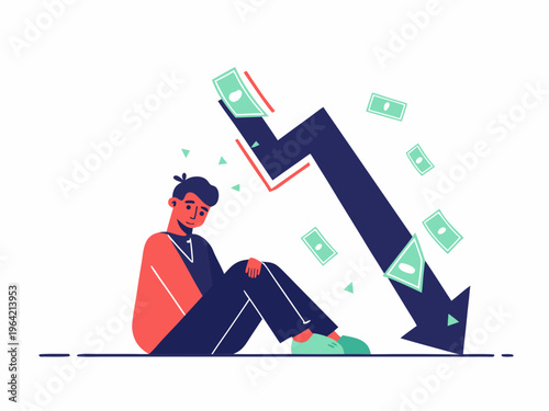 Man experiencing financial loss with a declining market graph above him