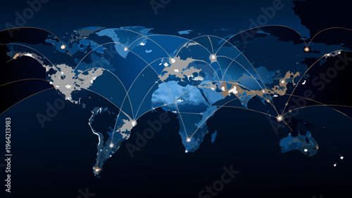 Global network connections visualized on a world map with illuminated nodes