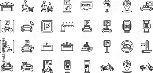 Parking icons line set, car parking symbols collection, garage permit meter electric charging signs, transportation vector outline, urban mobility illustration pack