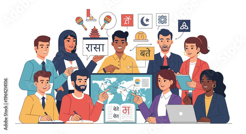 Diverse group of people learning languages together globally