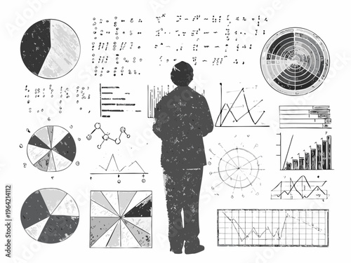 Man observing data visualizations and charts in a monochrome sketch