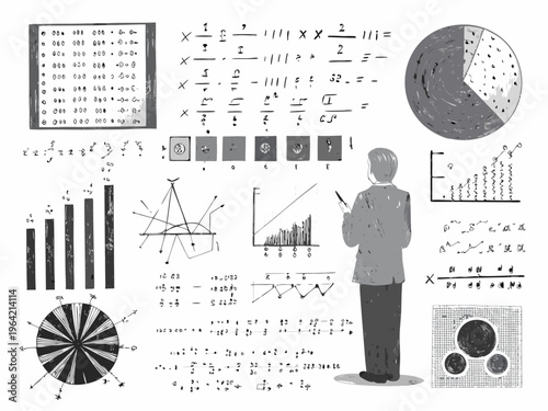 A person presenting data analysis alongside mathematical equations and charts