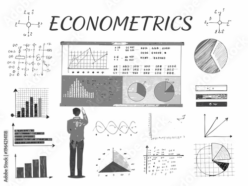 Econometrics illustration with charts graphs and a presenting figure