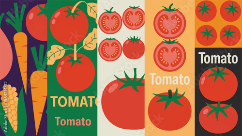 A vibrant display of fresh vegetables including tomatoes, carrots, and corn in a market setting