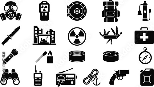 Survival emergency icon set, disaster preparedness symbols collection, military camping rescue equipment elements, tactical safety gear vector, outdoor survival outline icons