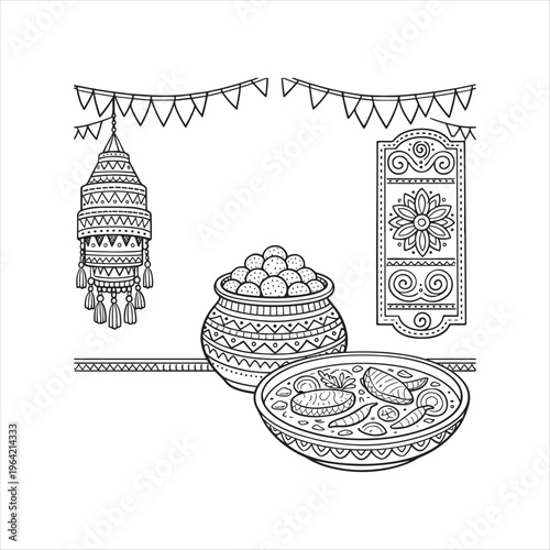 Traditional Indian Cultural Symbols Line Art Set