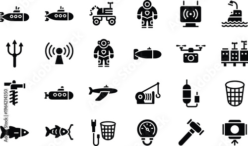 Underwater exploration icons set, marine diving symbols collection, submarine equipment ocean technology elements, deep sea research vector, nautical outline icon pack