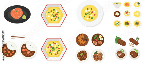 Asian cuisine dishes collection vector illustration, assorted traditional meals with rice, meat, vegetables and sauces isolated on background, gourmet food set design