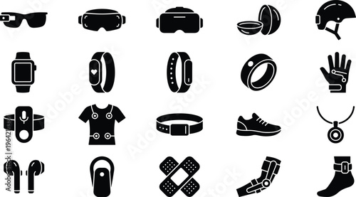 Wearable technology icons set, smart devices symbols collection, fitness tracking gadgets elements, digital health accessories vector, modern wearable outline icon pack