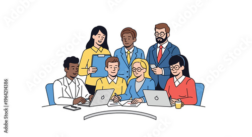 Diverse group of people in business attire working together on laptops
