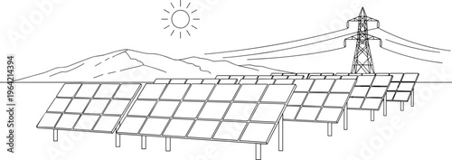 Solar panel farm line art, renewable energy illustration, photovoltaic system with power lines, sustainable electricity generation landscape, clean energy concept drawing