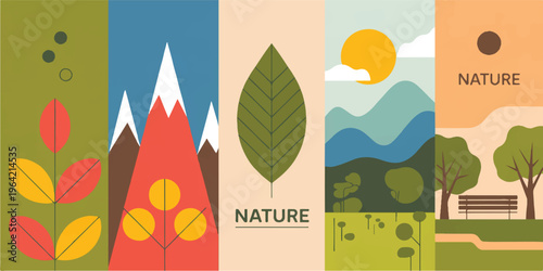 A set of six black and white medical icons illustrating nature and leaves on a natural landscape