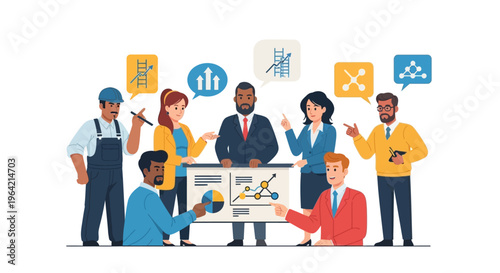 Diverse group of business professionals analyzing data and graphs