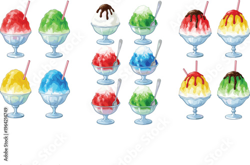 Colorful shaved ice desserts collection vector illustration, sweet frozen treats with syrup flavors in glass bowls isolated on background, summer refreshing dessert set