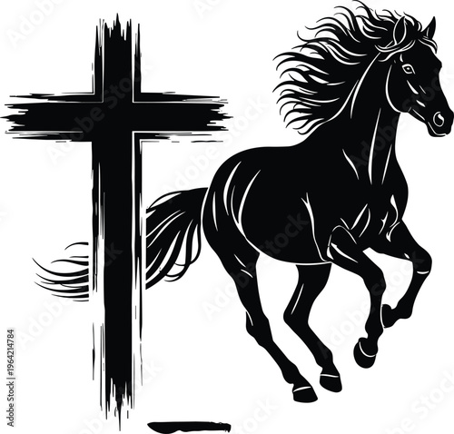 Christian Cross and Horse Silhouette Featuring Grungy Brush Strokes for Religious Faith Spiritual Grace Equestrian Style and Church Graphic Design