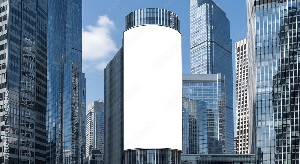 Obraz premium Blank cylindrical billboard on a skyscraper in a modern city skyline with glass buildings