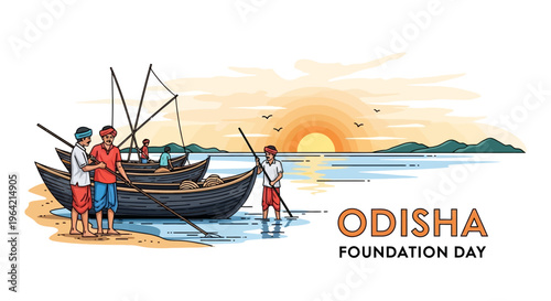 Illustration of people celebrating Odisha Foundation Day with a traditional boat on the beach at sunset.