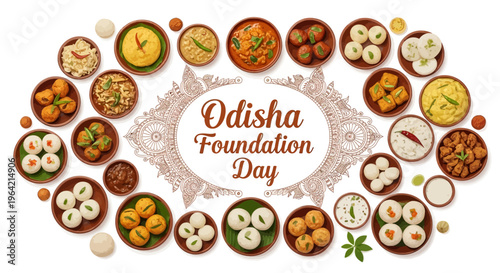 Vector illustration of various traditional Indian dishes arranged around 'Odisha Foundation Day' text on a white background, celebrating Odisha state formation day with cultural and