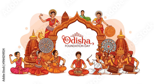 Vector illustration of Odisha Foundation Day celebration with traditional Indian dancers and musicians in vibrant costumes, against a colorful background with temple architecture, conveying