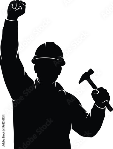 Silhouette of a Strong Construction Worker Wearing a Hard Hat Holding a Hammer and Raising a Fist for Labor Day