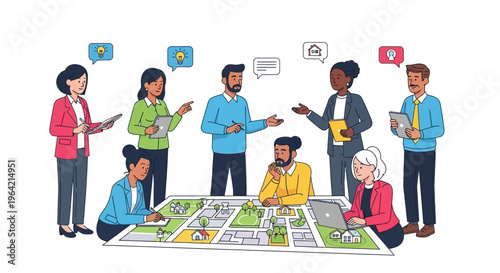 Diverse group of people planning and discussing a neighborhood development project
