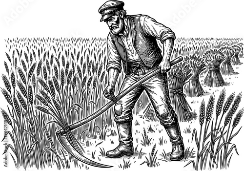Agricultural worker harvesting wheat with a handheld scythe