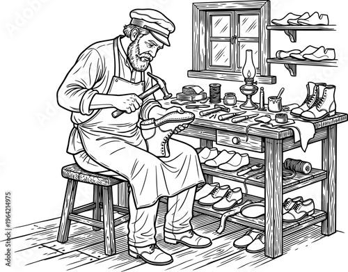 Artisan cobbler hammering a sole onto a leather shoe