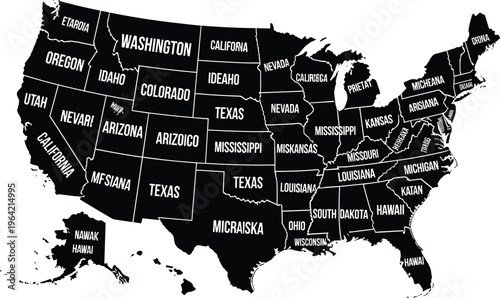 United States Map Silhouette Featuring Stylized State Names for Educational Geography Graphic Design Travel Concepts and American National Pride