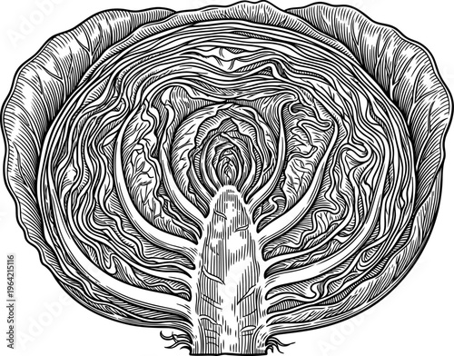 Cross-section of a cabbage head showing dense internal leaf layers