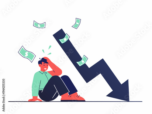 Man overwhelmed by financial loss represented by a declining graph