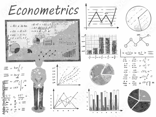 Econometrics concept a person surrounded by graphs and mathematical equations