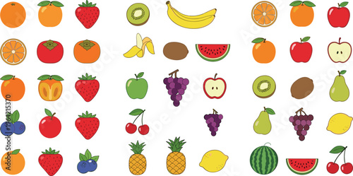 Fresh fruit icons collection vector illustration, assorted tropical and common fruits including banana, apple, orange, watermelon and berries isolated on background