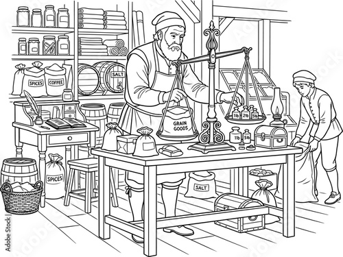 Old-fashioned merchant weighing grain in a general store
