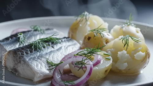 Steaming Plate of Fresh Herring Fish With Boiled Potatoes and Red Onion Rings Garnished With Dill