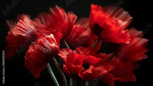 Dynamic Movement of Red Poppies in Windy Bouquet Against Dark Background