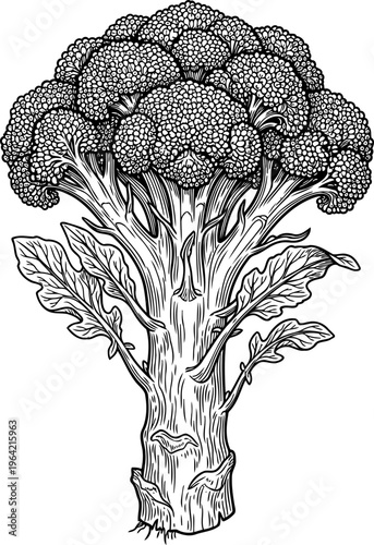 Single broccoli floret with thick stalk and textured leafy base