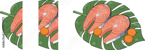 Grilled salmon fillet on tropical leaves vector illustration, healthy seafood dish with citrus slices isolated on background, gourmet meal presentation design