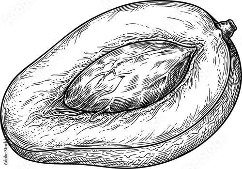 Sliced mango fruit showing large central seed and smooth flesh