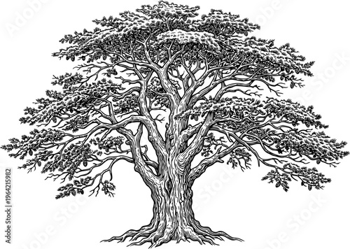 Slender poplar tree silhouette engraving illustration