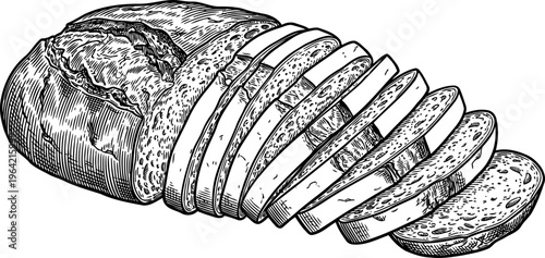 Sliced artisanal bread loaf showing internal crumb texture engraving