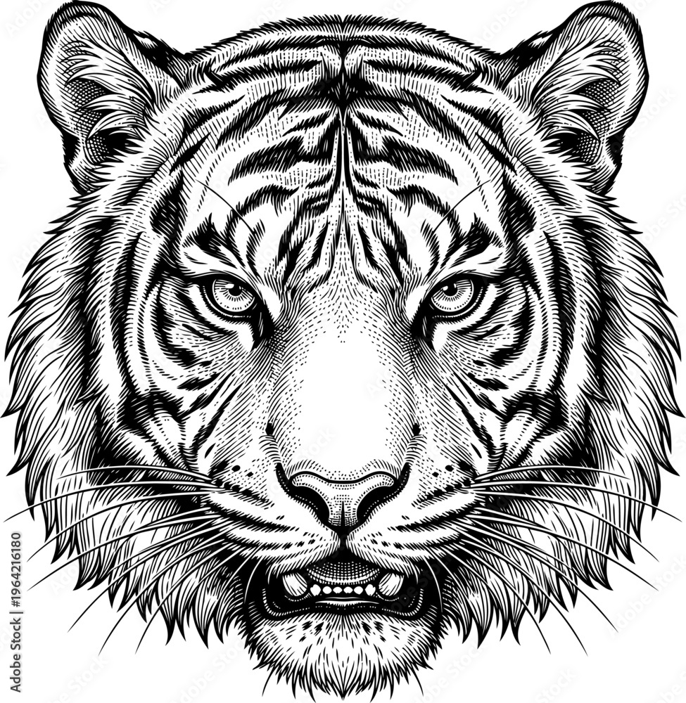 Fototapeta premium Tiger head portrait close up in detailed engraving style