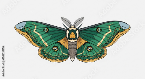Vibrant green moth with yellow accents and distinctive eye spots on wings insect illustration